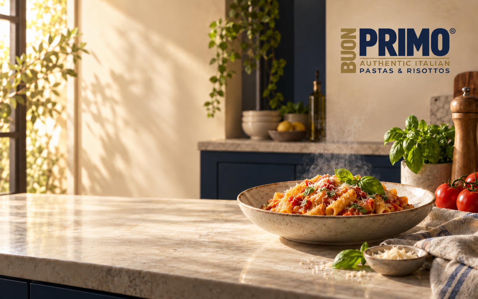 A bowl of Italian pasta on a sunlit kitchen counter